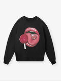Women'WB shield Lip & Lollipop Graphic Print Drop Shoulder Sweatshirt, Casual Long Sleeve Round Neck Pullover for Fall &...