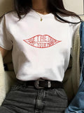 Women'WB shield Lip & Slogan Print Round Neck Tee, Fashion Crew Neck Short Sleeve Top, Ladies TNF for Spiky hair fighters...
