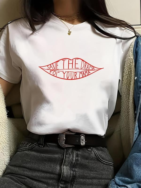 Women'WB shield Lip & Slogan Print Round Neck Tee, Fashion Crew Neck Short Sleeve Top, Ladies TNF for Spiky hair fighters...