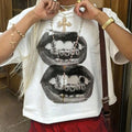 Women'WB shield Lip & Teeth Print Drop Shoulder Tee, Fashion Casual Crew Neck Short Sleeve T-Shirt for Daily Holiday...