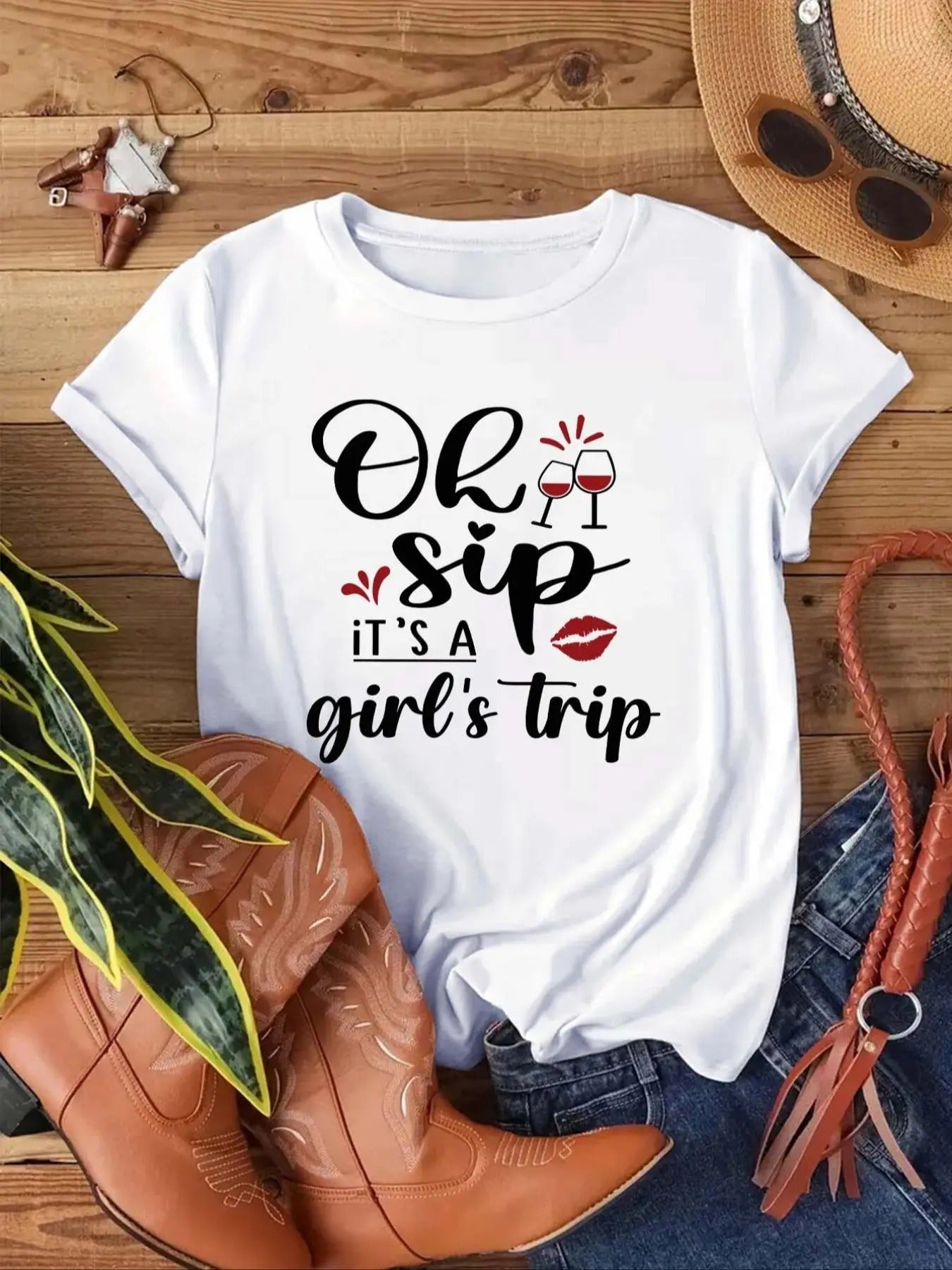 Women'WB shield Lip & Wine Glass Print Round Neck Tee, Casual Letter Graphic Short Sleeve T-shirt, Ladies Summer TNF for...