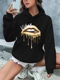 Women'WB shield Lip Graphic Drop Shoulder Hoodie, Fashion Casual Hooded Sweatshirt for Daily Holiday Outdoor Wear, Ladies...