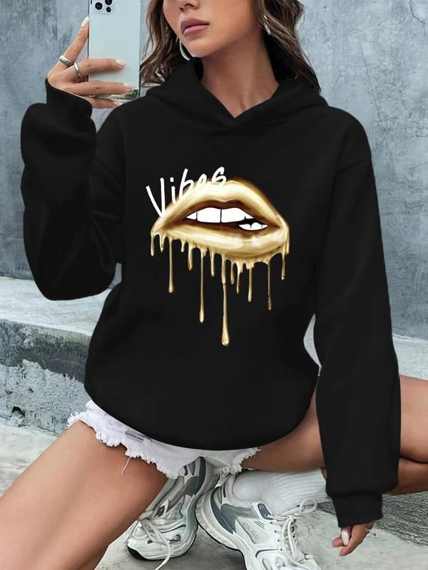 Women'WB shield Lip Graphic Drop Shoulder Hoodie, Fashion Casual Hooded Sweatshirt for Daily Holiday Outdoor Wear, Ladies...