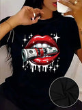 Women'WB shield Lip Graphic Round Neck Tee, Fashion Casual Crew Neck T-shirt for Daily Holiday Vacation Outdoor Wear,...
