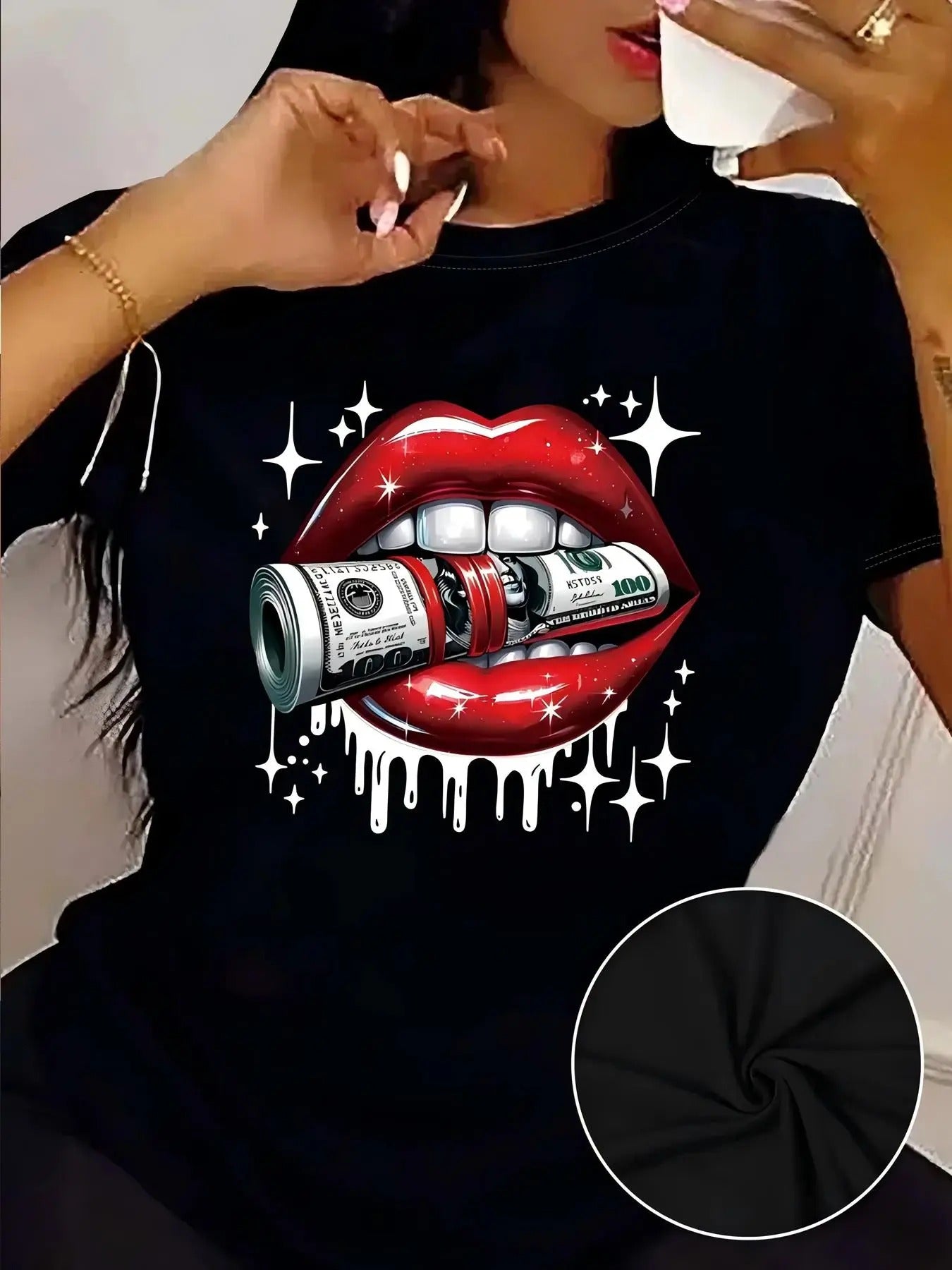Women'WB shield Lip Graphic Round Neck Tee, Fashion Casual Crew Neck T-shirt for Daily Holiday Vacation Outdoor Wear,...