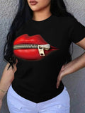 Women'WB shield Lip Print Round Neck Graphic Tee, Fashion Casual Short Sleeve T-shirt for Daily Wear, Ladies TNF for...