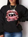 Women'WB shield Lip Print Round Neck Pullover, Fashion Casual Crew Neck Sweatshirt for Daily Holiday Outdoor Wear, Ladies...
