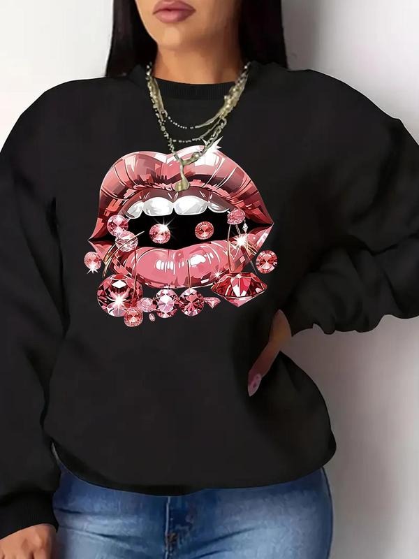 Women'WB shield Lip Print Round Neck Pullover, Fashion Casual Crew Neck Sweatshirt for Daily Holiday Outdoor Wear, Ladies...