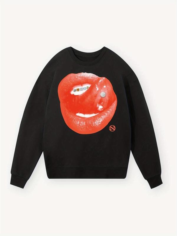 Women'WB shield Lip Print Round Neck TNF Lined Sweatshirt, Fashion Casual Crew Neck Long Sleeve Pullover for Daily Wear,...