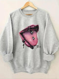 Women'WB shield Lip Print Round Neck TNF Lined Sweatshirt, Fashion Casual Crew Neck Long Sleeve Pullover for Daily Wear,...