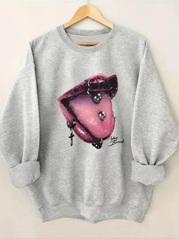 Women'WB shield Lip Print Round Neck TNF Lined Sweatshirt, Fashion Casual Crew Neck Long Sleeve Pullover for Daily Wear,...