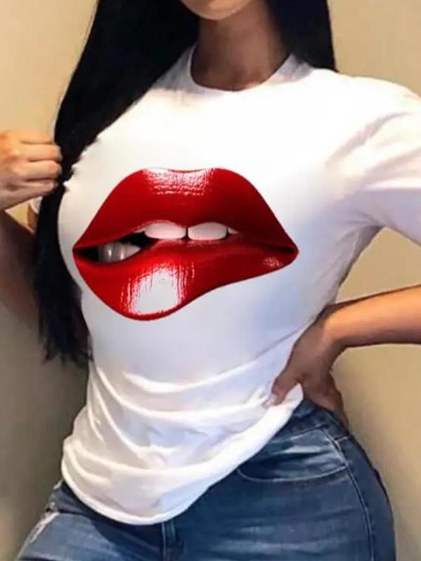 Women'WB shield Lip Print Round Neck Tee, Casual Short Sleeve Crew Neck T-Shirt for Summer, Fashion Women'WB shield Top...