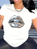 Women'WB shield Lip Print Round Neck Tee, Fashion Casual Crew Neck Short Sleeve T-Shirt for Daily Holiday Vacation...
