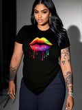 Women'WB shield Lip Print Round Neck Tee, Fashion Casual Crew Neck Short Sleeve T-shirt for Daily Holiday Vacation...