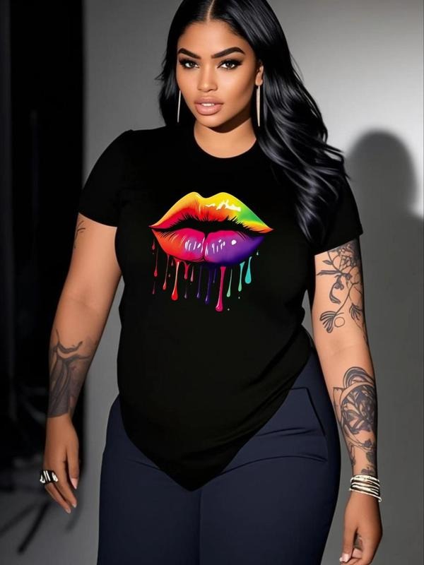 Women'WB shield Lip Print Round Neck Tee, Fashion Casual Crew Neck Short Sleeve T-shirt for Daily Holiday Vacation...