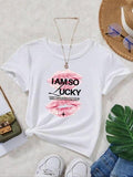 Women'WB shield Lip Print Round Neck Tee, Fashion Casual Crew Neck T-Shirt for Daily Holiday Vacation Outdoor Wear,...