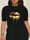 Women'WB shield Lip Print Round Neck Tee, Fashion Casual Crew Neck T-shirt for Daily Holiday Vacation Outdoor Wear, Women...