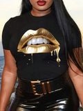 Women'WB shield Lip Print Round Neck Tee, Fashion Casual Graphic Crew Neck T-Shirt for Daily Holiday Vacation Outdoor...