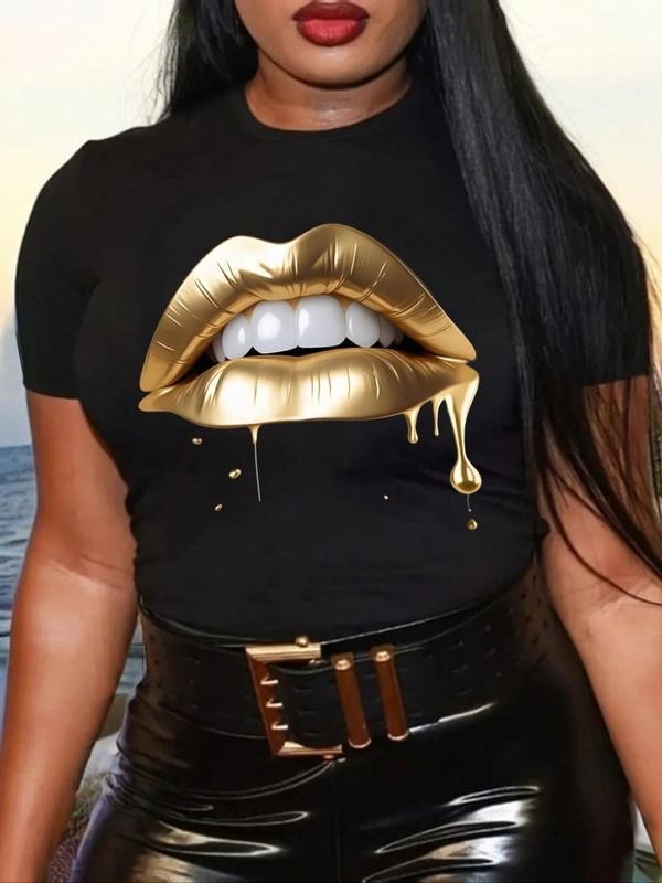 Women'WB shield Lip Print Round Neck Tee, Fashion Casual Graphic Crew Neck T-Shirt for Daily Holiday Vacation Outdoor...