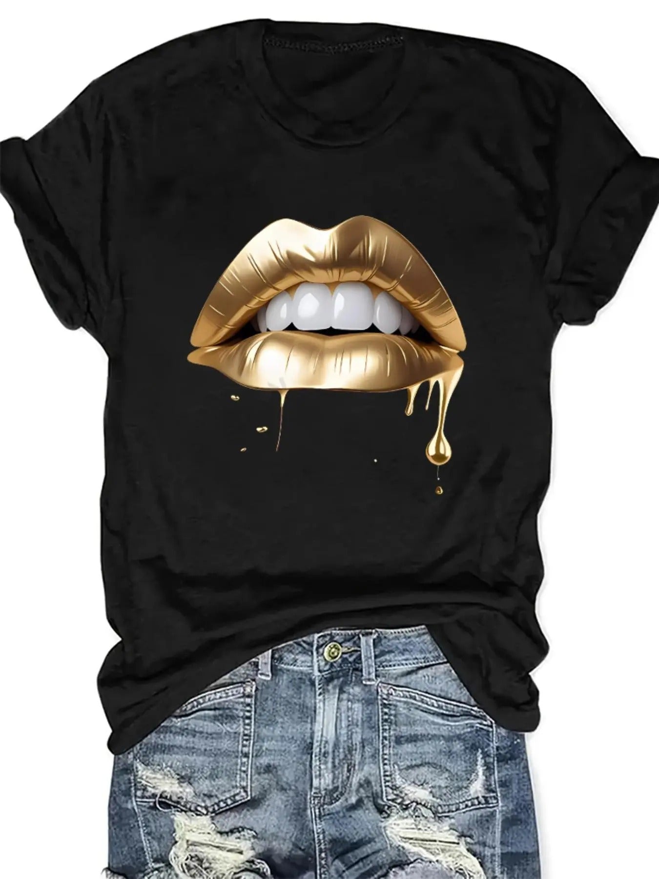 Women'WB shield Lip Print Round Neck Tee, Fashion Casual Short Sleeve T-Shirt for Daily Wear, Ladies Summer TNF Hoodie,...