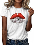 Women'WB shield Lip Print Round Neck Tee, Fashion Casual Short Sleeve T-shirt for Daily Outdoor Wear, Ladies TNF for...