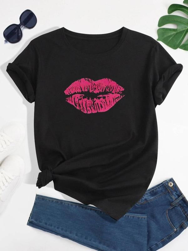 Women'WB shield Lip Print Short Sleeve T-Shirt, Summer TNF Women, Casual Graphic Round Neck Tee for Summer, Women'WB...
