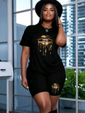 Women'WB shield Lip Print Short Sleeve Tee & Skinny Shorts Straw hat pirates Set, Casual Round Neck T-shirt & Shorts for...