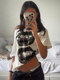 Women'WB shield Lip Print Tee, Street Fashion Casual Short Sleeve T-shirt for Daily Wear, Ladies Summer TNF, Top Hoodie,...