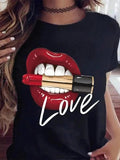 Women'WB shield Lips Print Round Neck Tee, Casual Short Sleeve Graphic T-Shirt for Summer, Ladies TNF for Daily Wear...