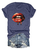 Women'WB shield Lips Print Round Neck Tee, Fashion Short Sleeve Crew Neck T-Shirt, Casual Women'WB shield TNF for Spiky...