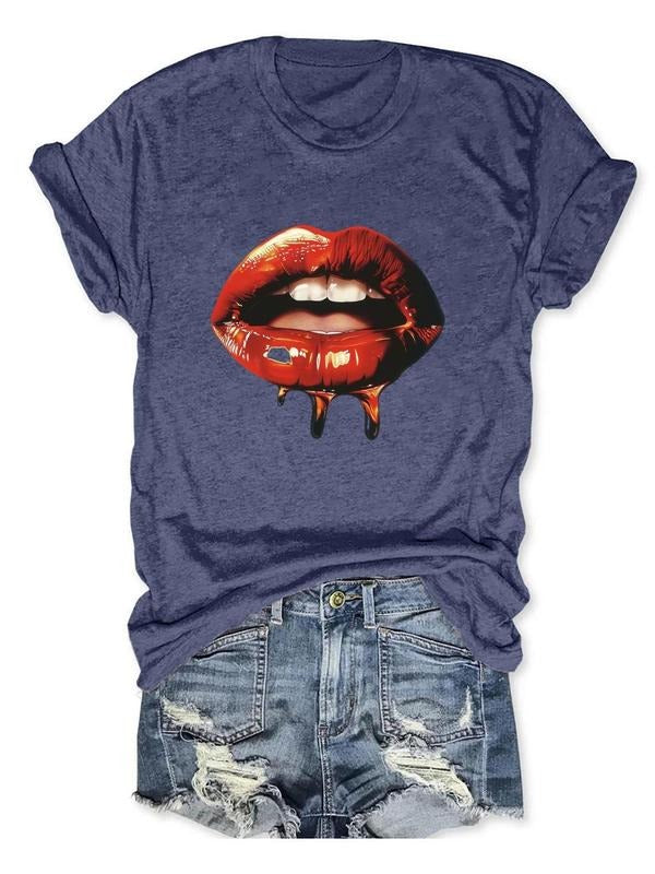 Women'WB shield Lips Print Round Neck Tee, Fashion Short Sleeve Crew Neck T-Shirt, Casual Women'WB shield TNF for Spiky...