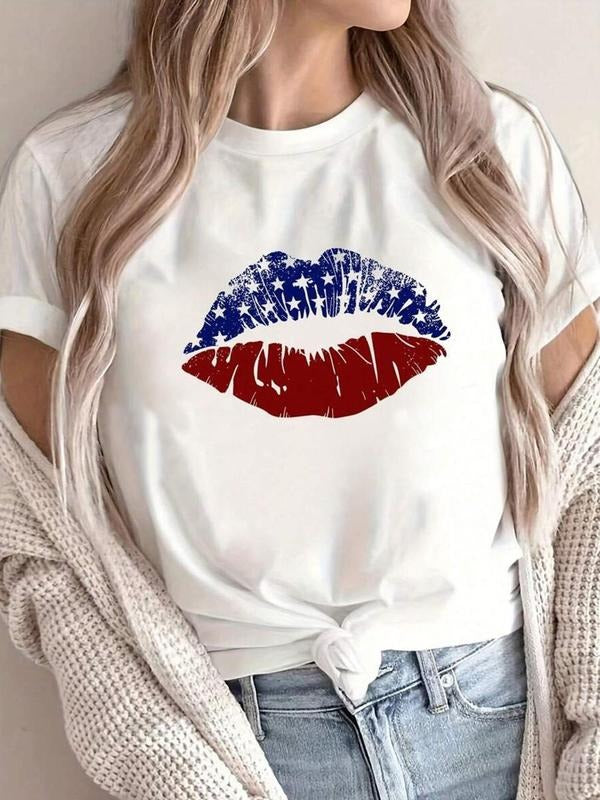 Women'WB shield Lips Print Round Neck Tee, Vintage Trendy Casual Short Sleeve T-shirt for Daily Wear, Ladies All-match...