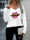 Women'WB shield Lips Print Superhero team Neck Tee, Fashion Graphic Long Sleeve T-Shirt, Ladies Fall & Winter TNF Hoodie,...
