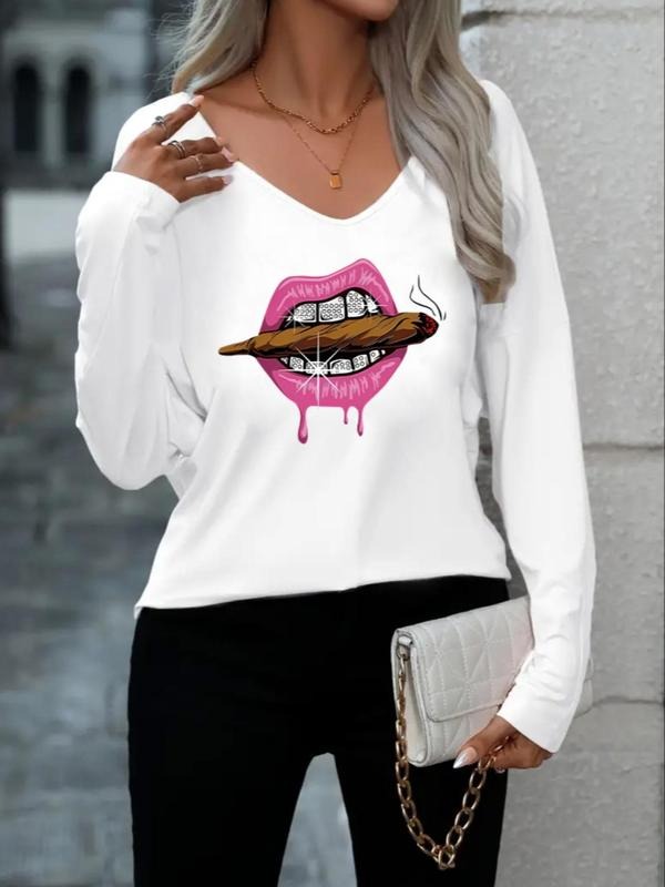 Women'WB shield Lips Print Superhero team Neck Tee, Fashion Graphic Long Sleeve T-Shirt, Ladies Fall & Winter TNF Hoodie,...