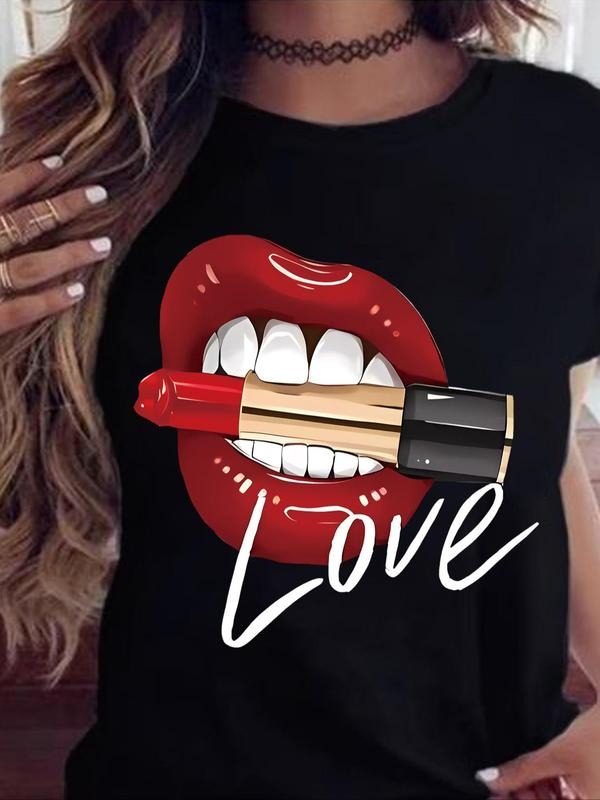 Women'WB shield Lipstick & Letter Print Round Neck Tee, Fashion Casual Crew Neck T-Shirt for Daily Holiday Vacation...