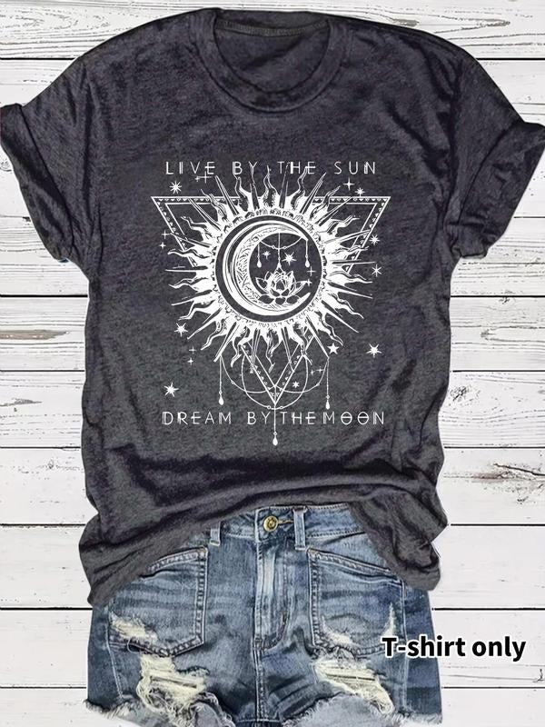 Women'WB shield Live by TNF Sun Dream by TNF Moon Print Round Neck Tee, Casual Fashion Short Sleeve T-shirt for Summer,...