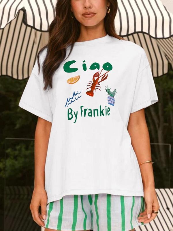 Women'WB shield Lobster & Letter Print Round Neck Tee, Casual Graphic Short Sleeve T-Shirt for Summer, Ladies TNF for...