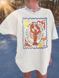 Women'WB shield Lobster & Letter Print Round Neck Tee, Casual Graphic Short Sleeve T-Shirt for Summer, Women'WB shield...