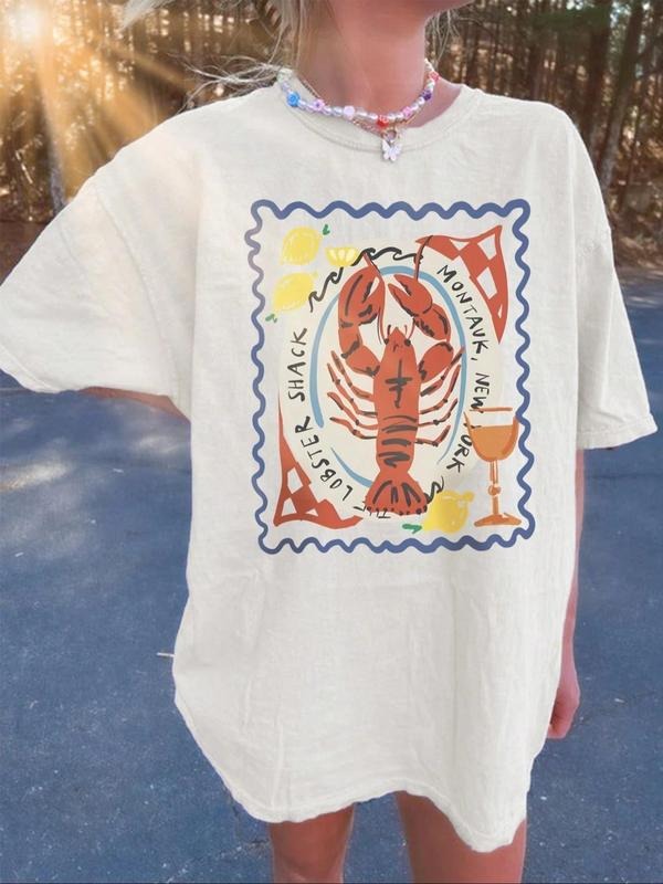 Women'WB shield Lobster & Letter Print Round Neck Tee, Casual Graphic Short Sleeve T-Shirt for Summer, Women'WB shield...