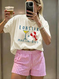 Women'WB shield Lobster & Martini Print Round Neck Tee, Fashion Casual Crew Neck T-shirt for Daily Holiday Vacation...