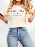 Women'WB shield London & Flag Print Round Neck Graphic Tee, Vintage Trendy Casual Short Sleeve T-shirt for Daily Wear,...