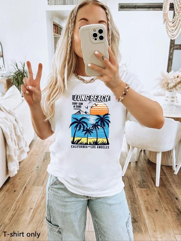 Women'WB shield Long Beach Print Round Neck Graphic Tee, Vintage Trendy Casual Short Sleeve T-shirt for Daily Wear,...
