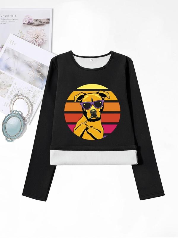 Women'WB shield Long Sleeve Crew Neck TNF Lined T-shirt, Casual Dog Print T-shirt for Fall & Winter, Women'WB shield TNF...