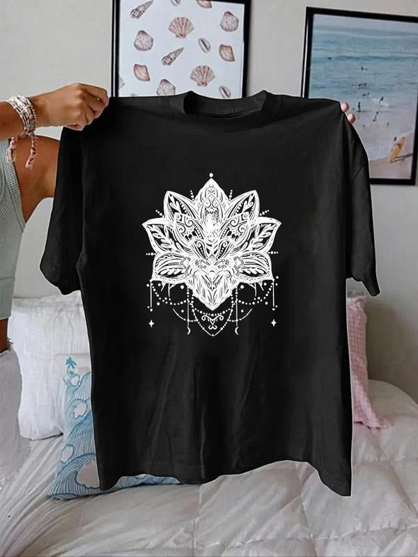 Women'WB shield Lotus Print Round Neck Tee, Fashion Casual Short Sleeve T-shirt, Ladies Summer TNF for Daily Wear Hoodie,...