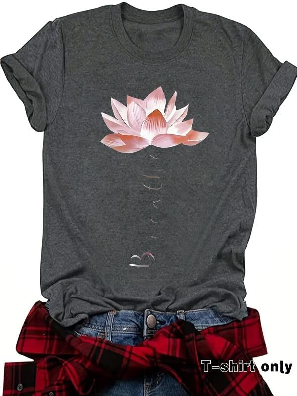 Women'WB shield Lotus Print Round Neck Tee, Vintage Trendy Casual Short Sleeve T-shirt for Daily Wear, Ladies Summer, Top...