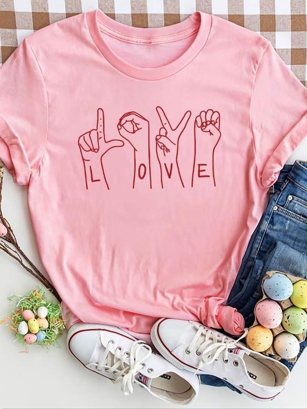 Women'WB shield Love Hand Print Round Neck Tee, Casual Letter Graphic Short Sleeve T-Shirt for Summer, Ladies TNF for...