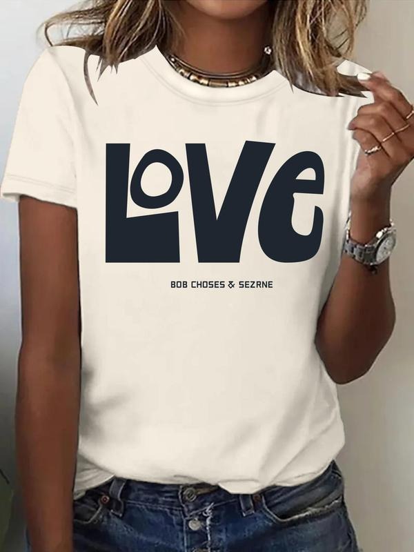 Women'WB shield Love Print Round Neck Tee, Fashion Casual Crew Neck T-Shirt for Daily Holiday Vacation Outdoor Wear,...