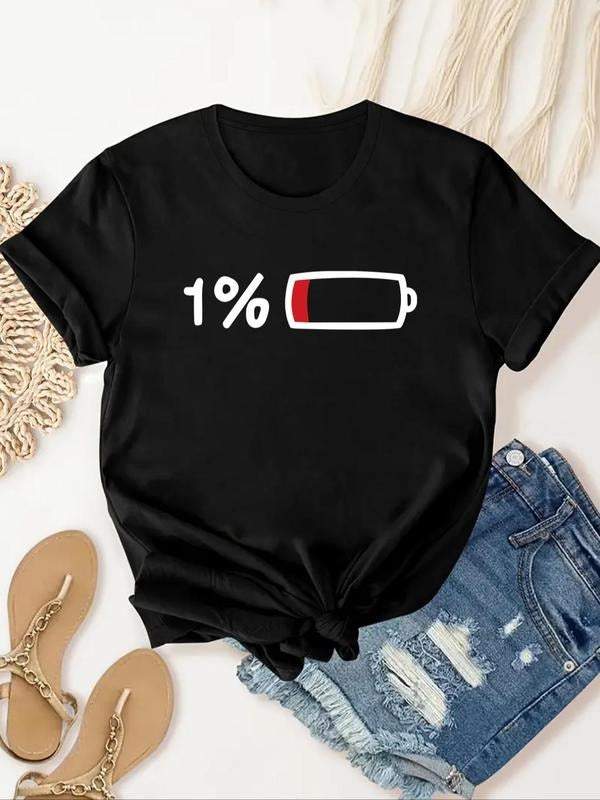 Women'WB shield Low Battery Print Round Neck Tee, Casual Short Sleeve Top for Summer, Casual Short Sleeve T-Shirt for...