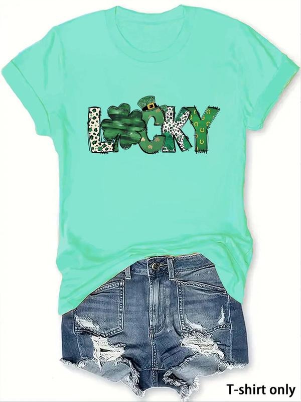 Women'WB shield Lucky Print Round Neck Tee, Casual Irish Festival Short Sleeve T-shirt for Summer, Ladies TNF for Daily...