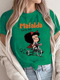 Women'WB shield Mafalda Print Round Neck Tee, Fashion Casual Crew Neck T-Shirt for Daily Holiday Vacation Outdoor Wear,...